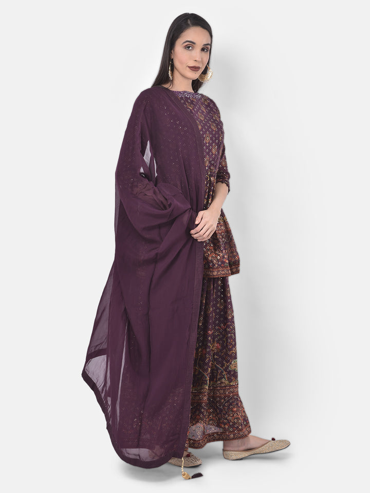 Neerus Purple Embellished Kurta With Skirt & Dupatta