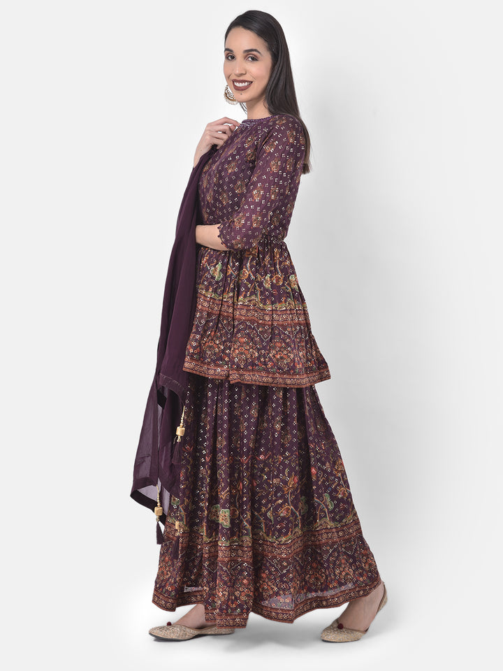 Neerus Purple Embellished Kurta With Skirt & Dupatta