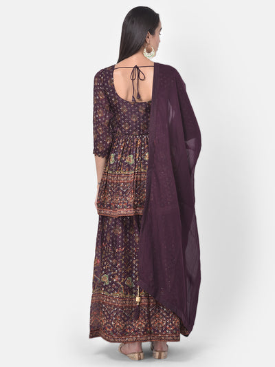 Neeru's Purple Embellished Kurta With Skirt & Dupatta
