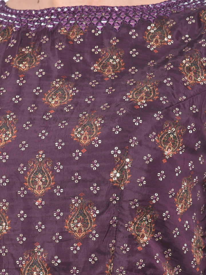 Neerus Purple Embellished Kurta With Skirt & Dupatta
