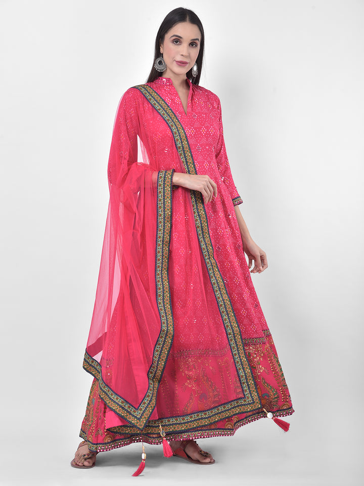 Neerus Pink georgette printed anarkali kurta with dupatta - detail view 5