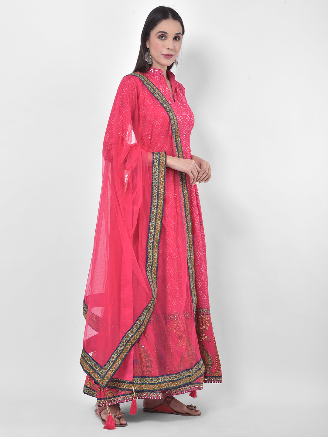 Neerus Pink georgette printed anarkali kurta with dupatta - front view