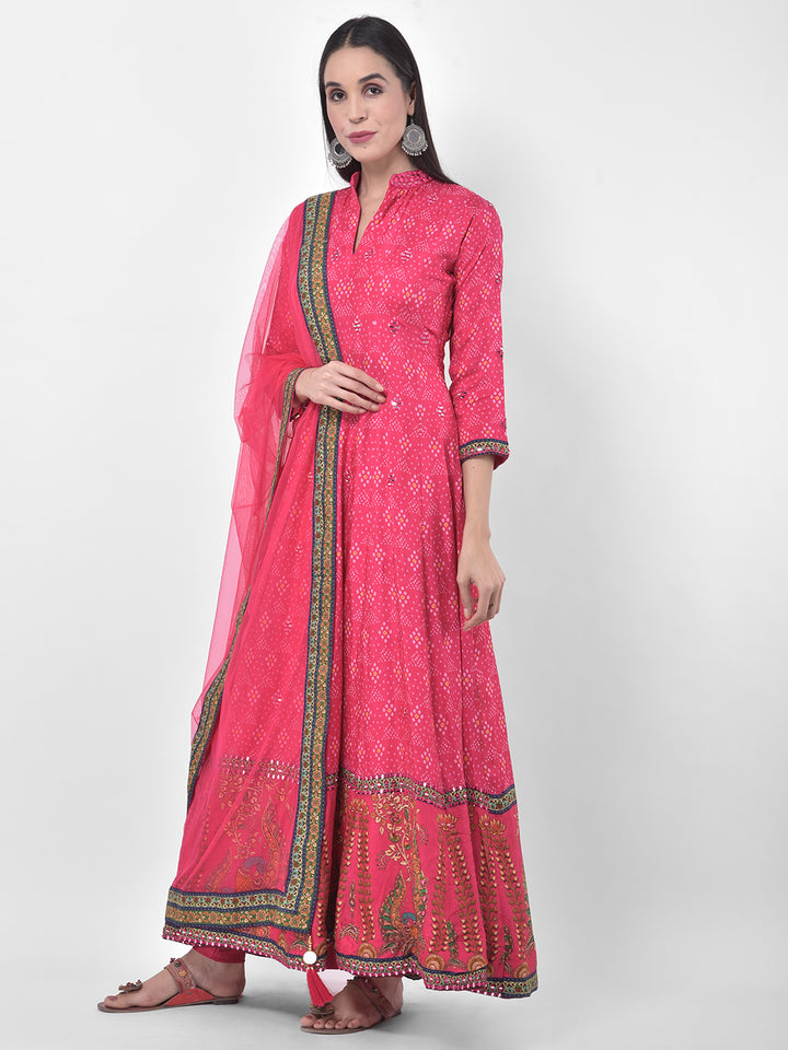 Neerus Pink georgette printed anarkali kurta with dupatta - back view