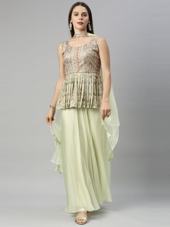 Neerus Green georgette embroidered kurta set peplum - front view