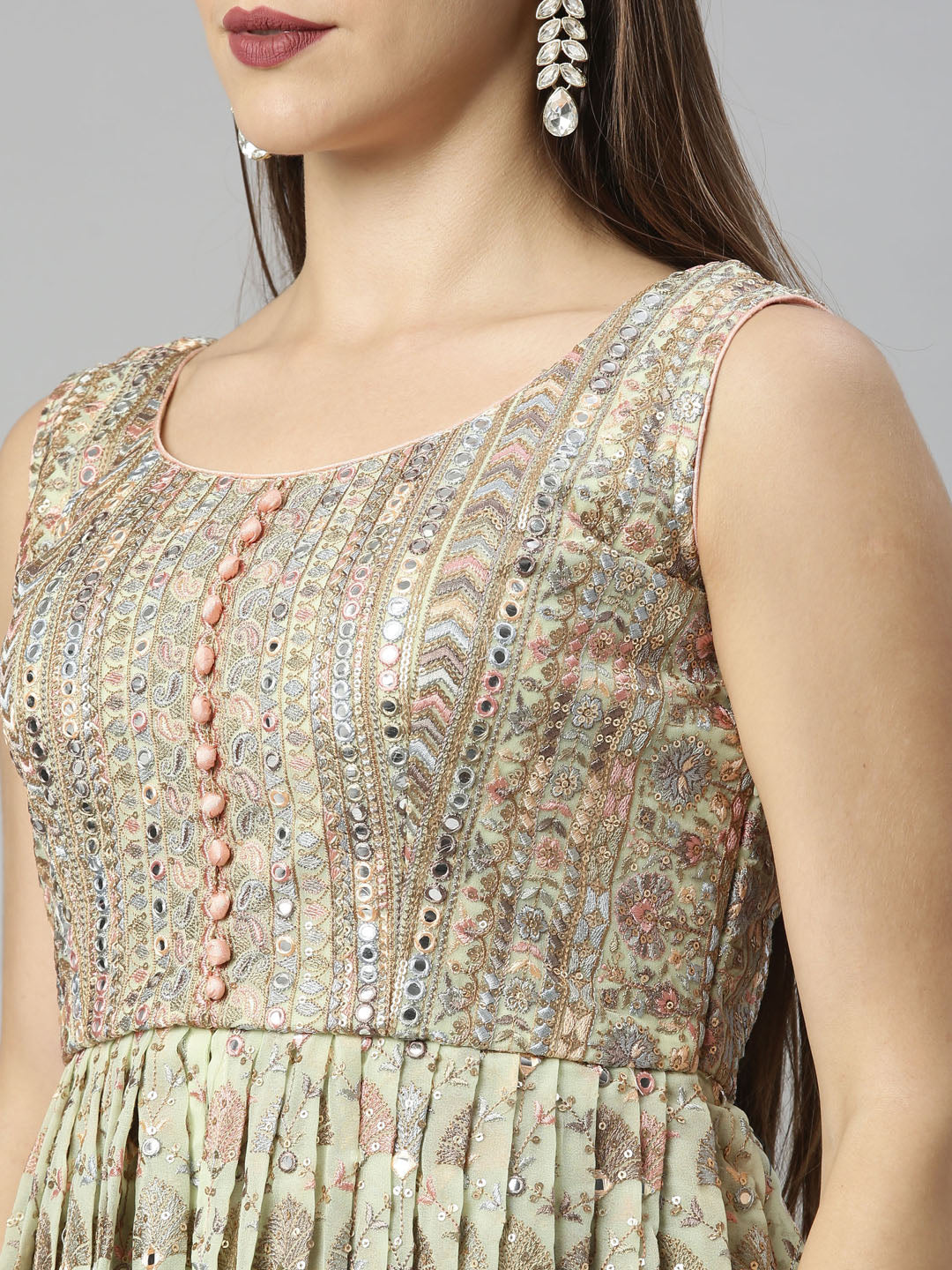 Neerus Green georgette embroidered kurta set peplum - back view