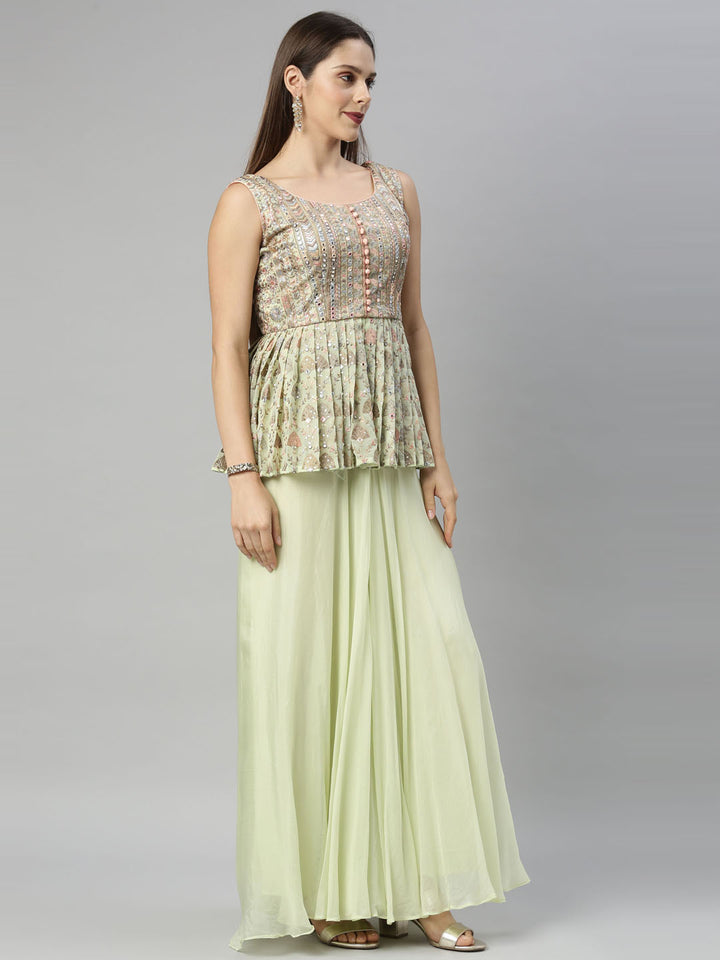 Neerus Green georgette embroidered kurta set peplum - detail view 4