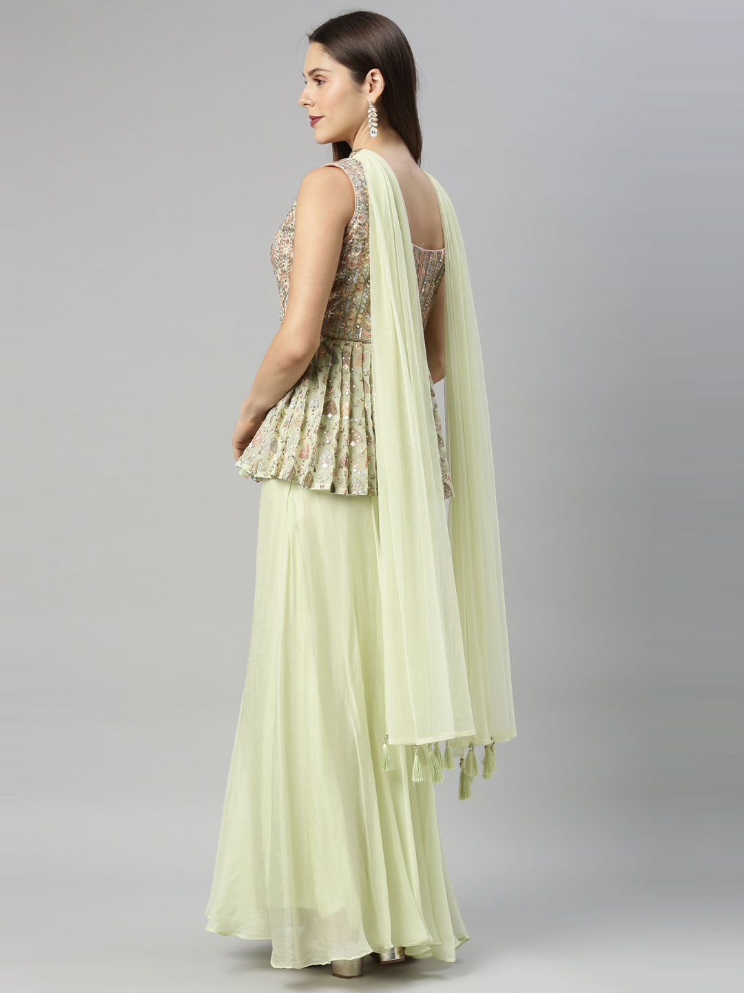 Neerus Green georgette embroidered kurta set peplum - detail view 5