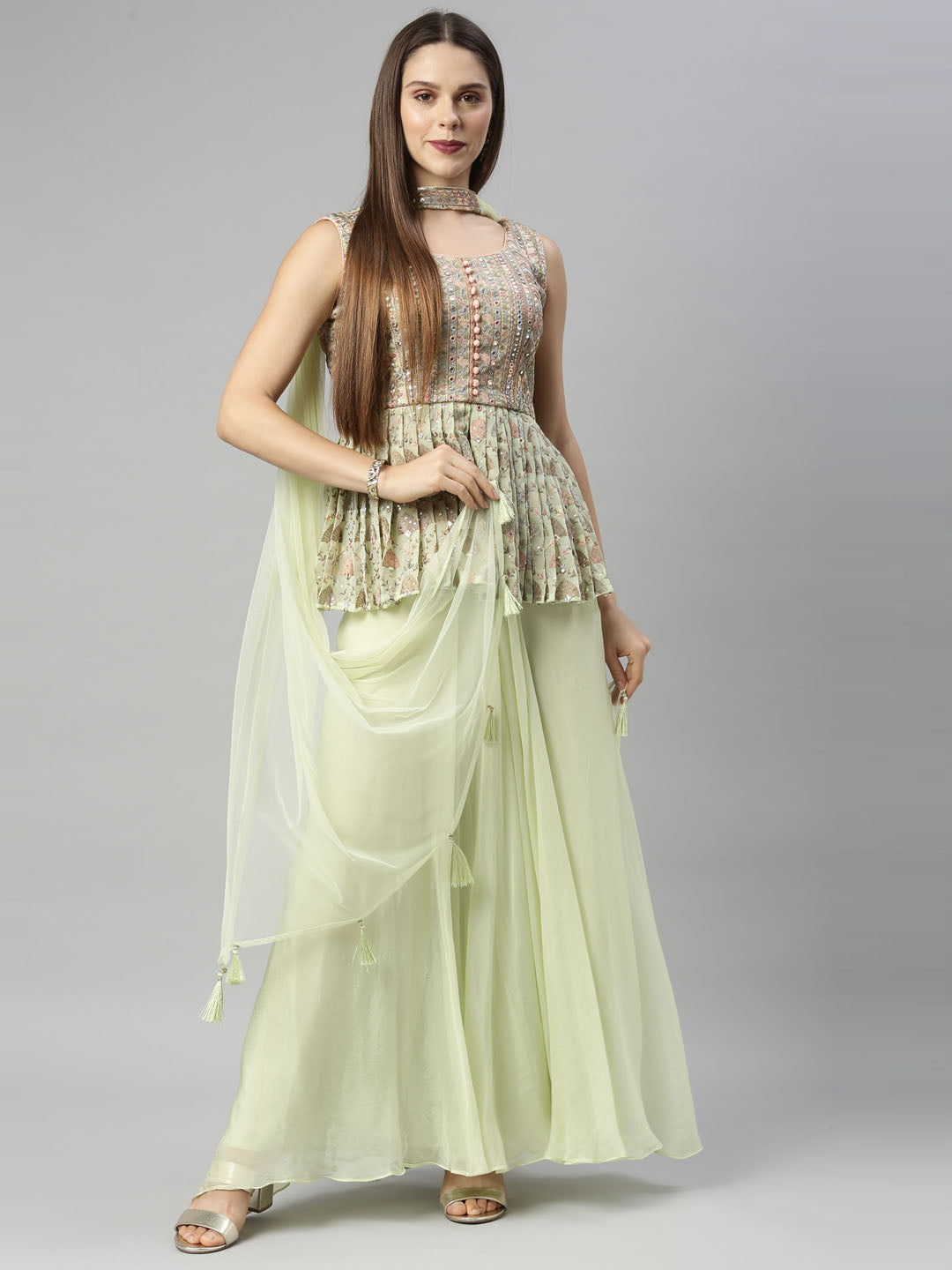 Neerus Green georgette embroidered kurta set peplum - detail view 6