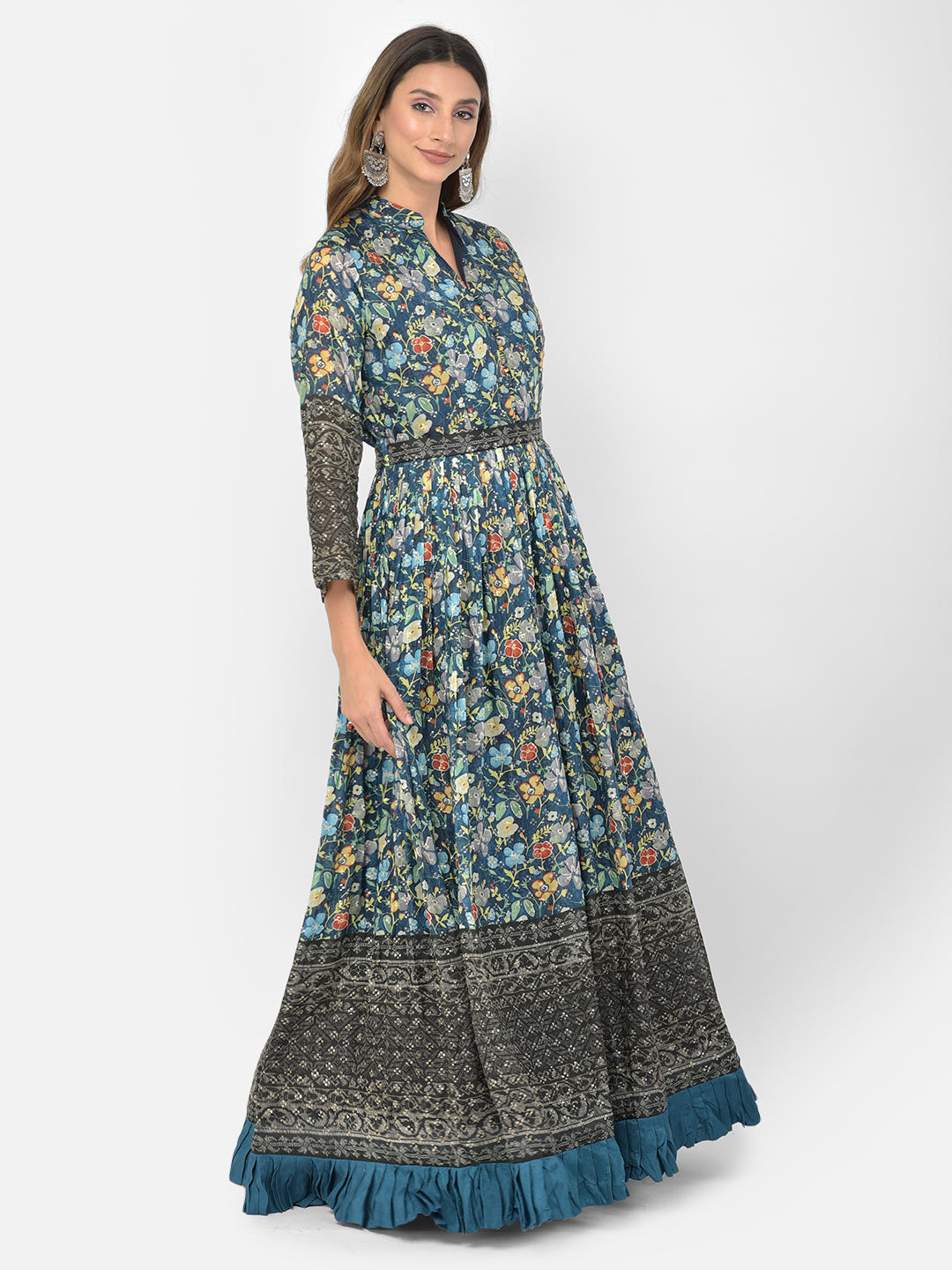 Neerus Blue Georgette Embroidered Gown - back view