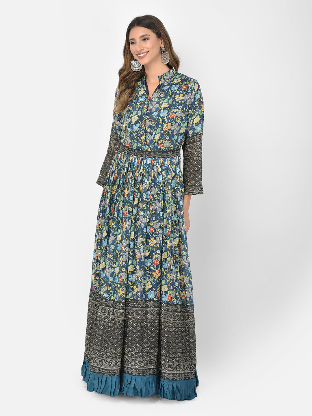 Neerus Blue Georgette Embroidered Gown - side view