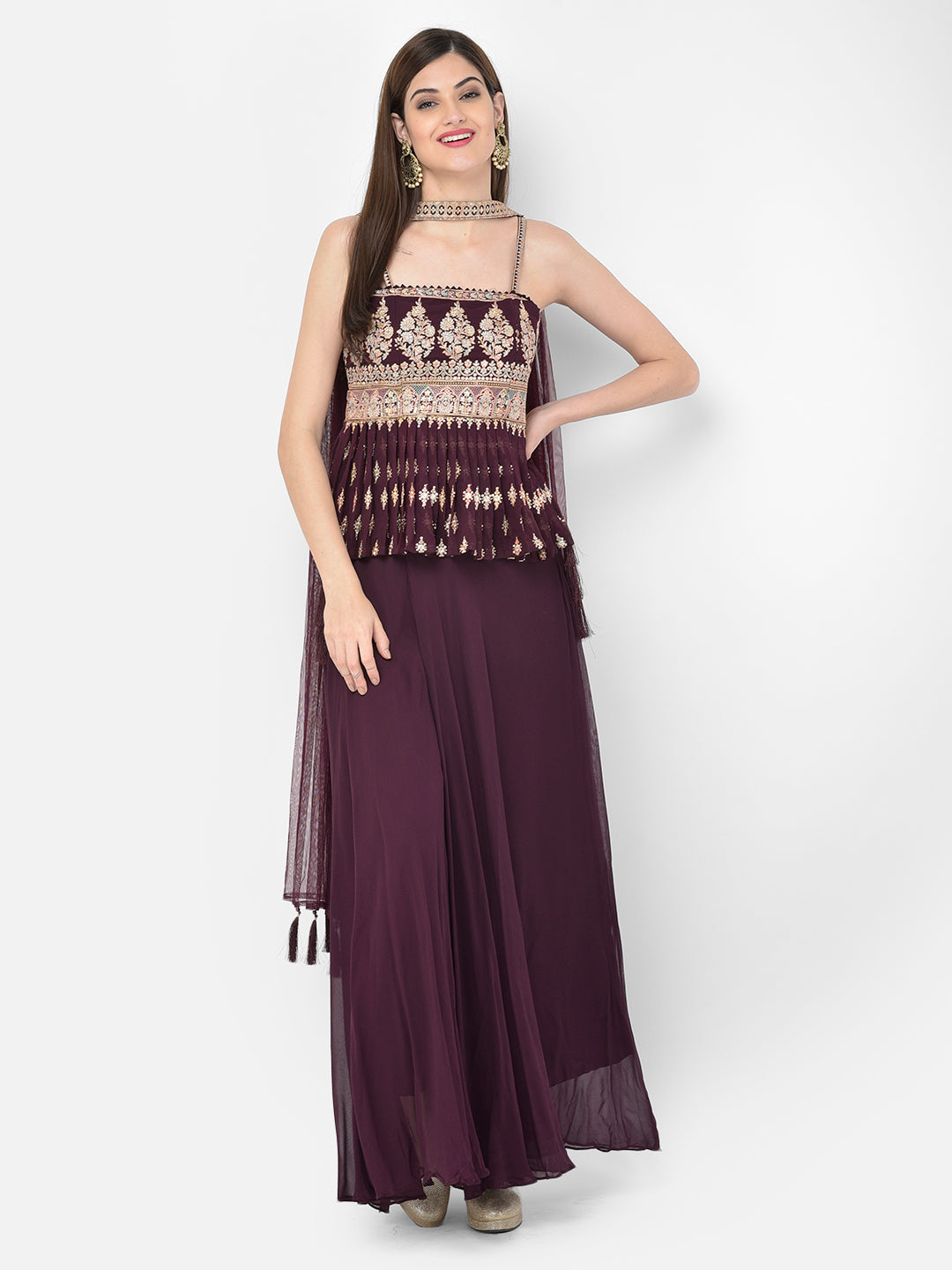 Neerus Maroon georgette embellished kurta set - detail view 7