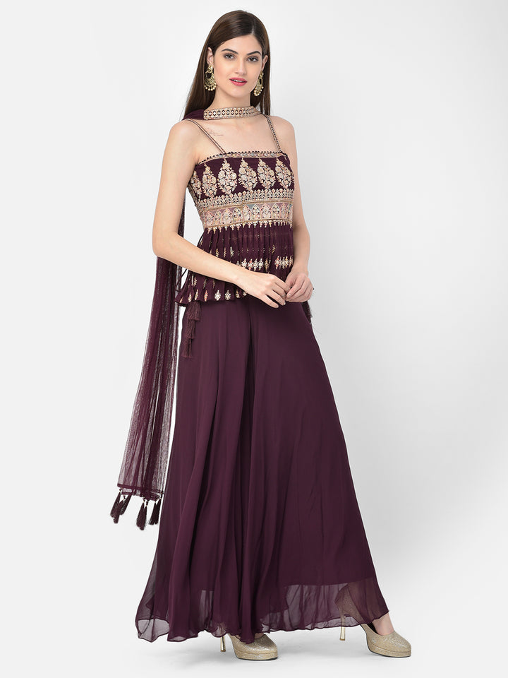 Neerus Maroon georgette embellished kurta set - side view