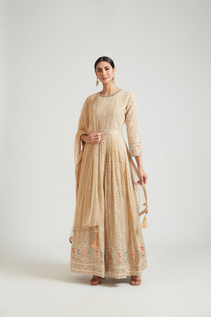 Neerus Beige Color Georgette Fabric Gown