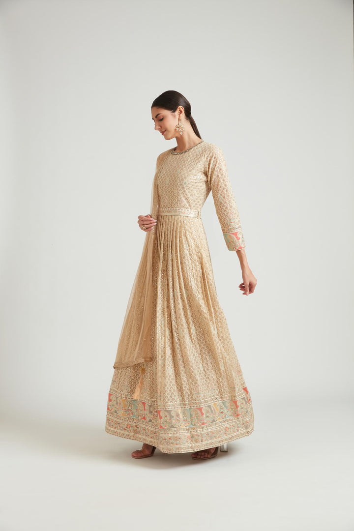 Neerus Beige Color Georgette Fabric Gown