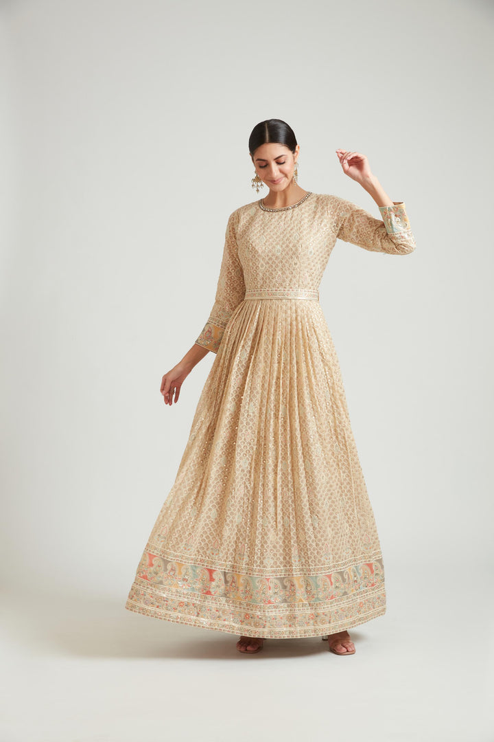 Neerus Beige Color Georgette Fabric Gown