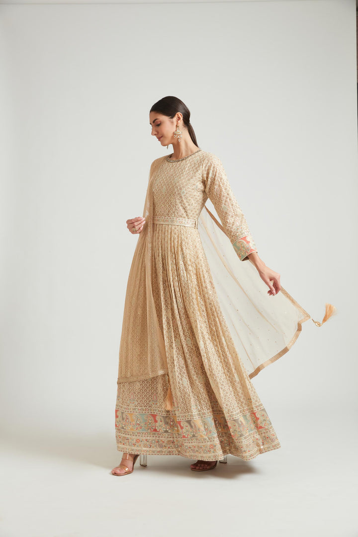 Neerus Beige Color Georgette Fabric Gown