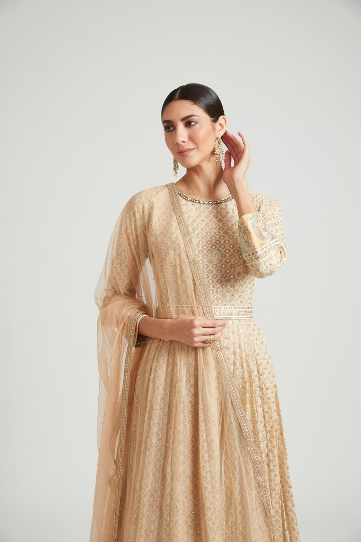 Neerus Beige Color Georgette Fabric Gown