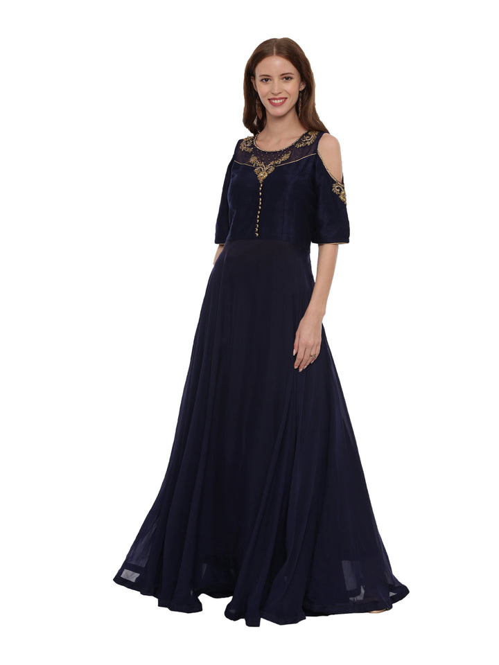 Neerus Blue silk embroidered gown - front view