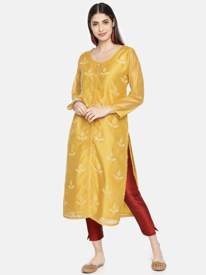 Neerus Yellow Chanderi Embroidered Kurti A-Line - front view
