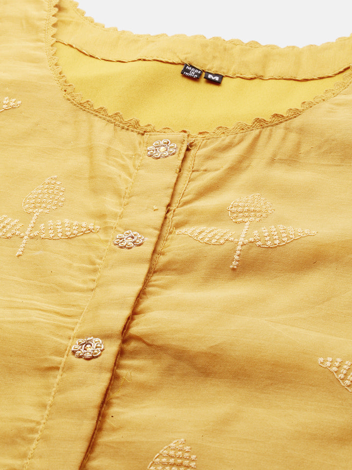 Neerus Yellow Chanderi Embroidered Kurti A-Line - back view