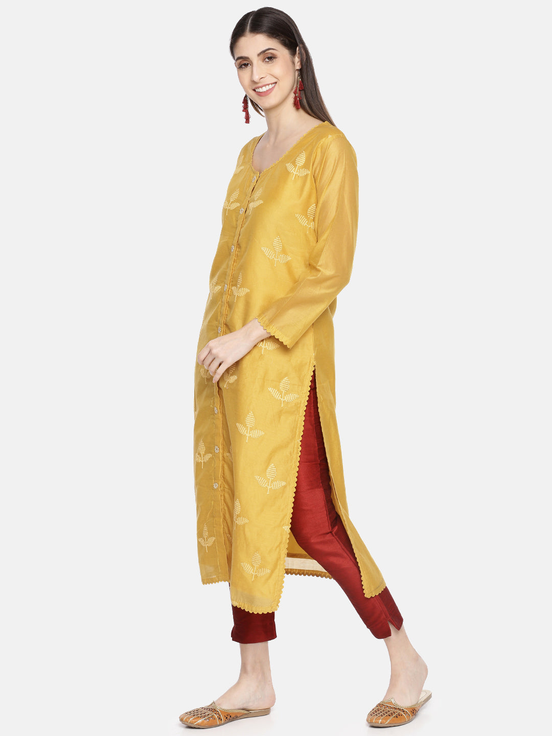 Neerus Yellow Chanderi Embroidered Kurti A-Line - side view