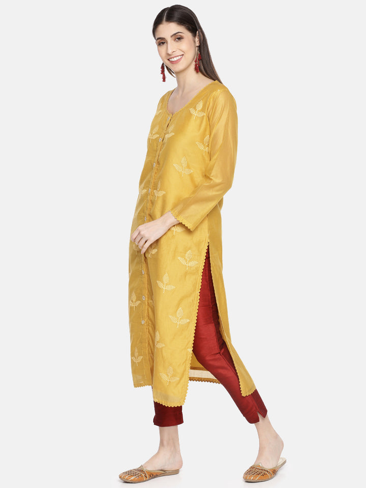 Neerus Yellow Chanderi Embroidered Kurti A-Line - side view