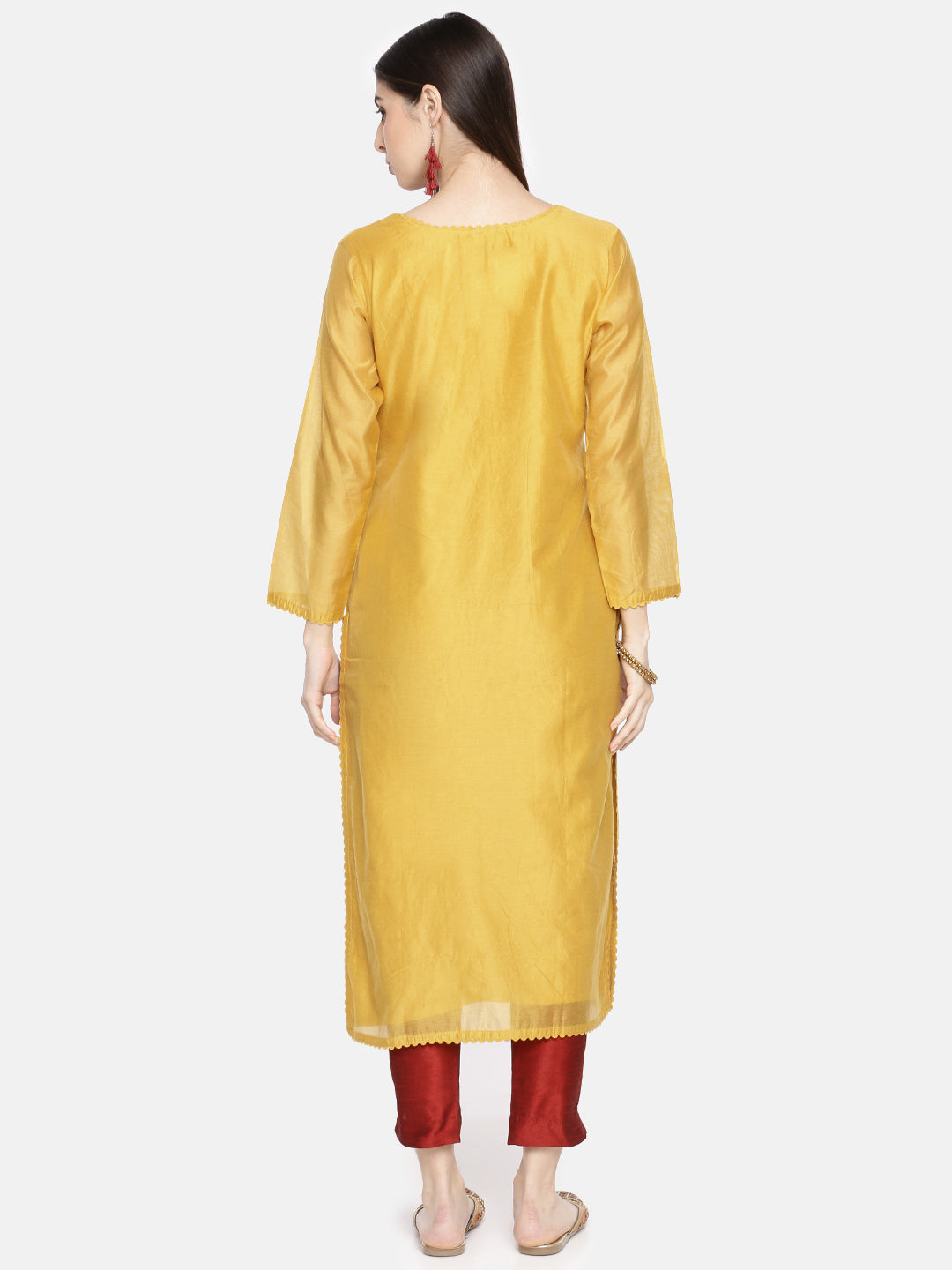 Neerus Yellow Chanderi Embroidered Kurti A-Line - detail view 1