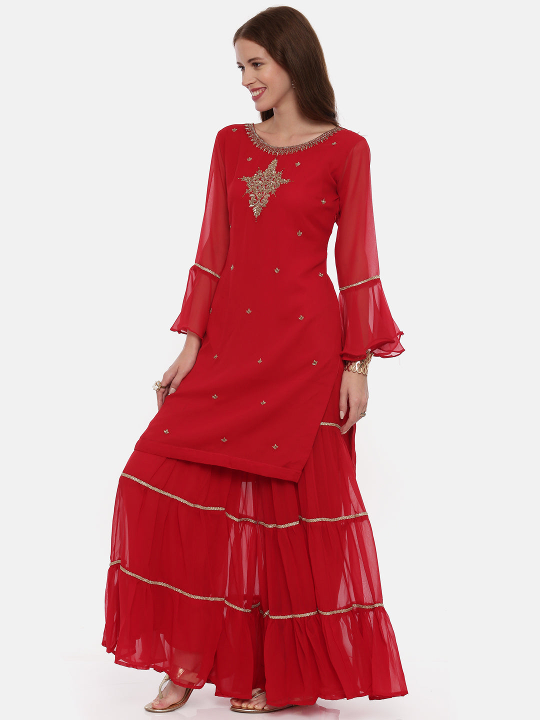 Neeru's Maroon Color Georgette Fabric Full Sleeves Suit-Gharara