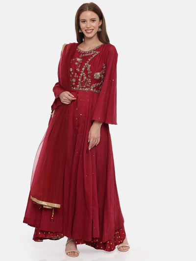 Neeru's Maroon Color Silk Fabric Full Sleeves Suit-Anarkali
