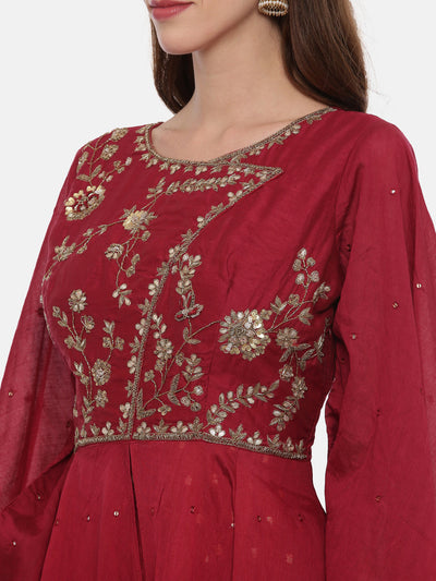 Neeru's Maroon Color Silk Fabric Full Sleeves Suit-Anarkali