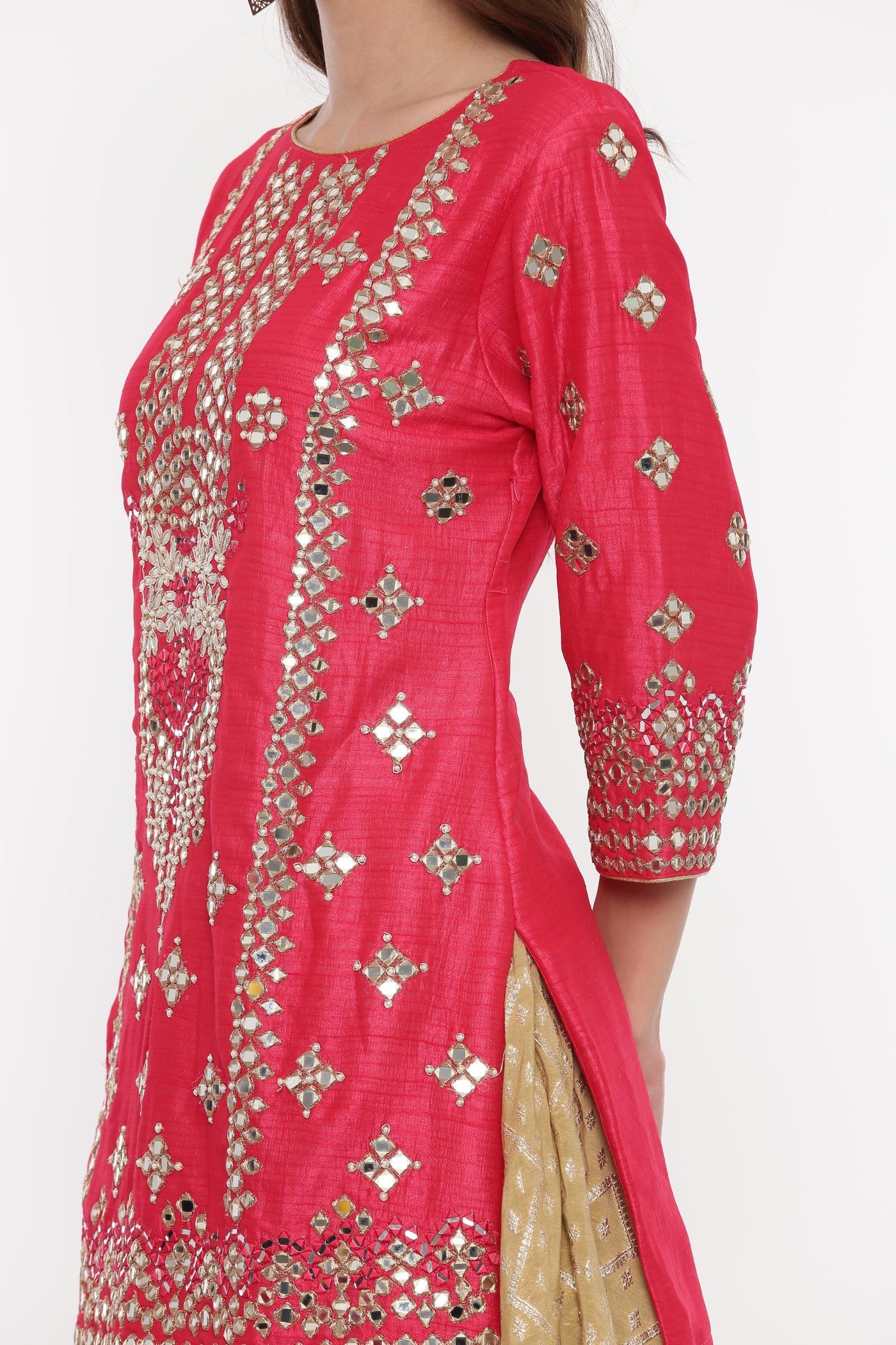 Neeru's Pink & Beige Embellished Kurta With Skirt & Dupatta