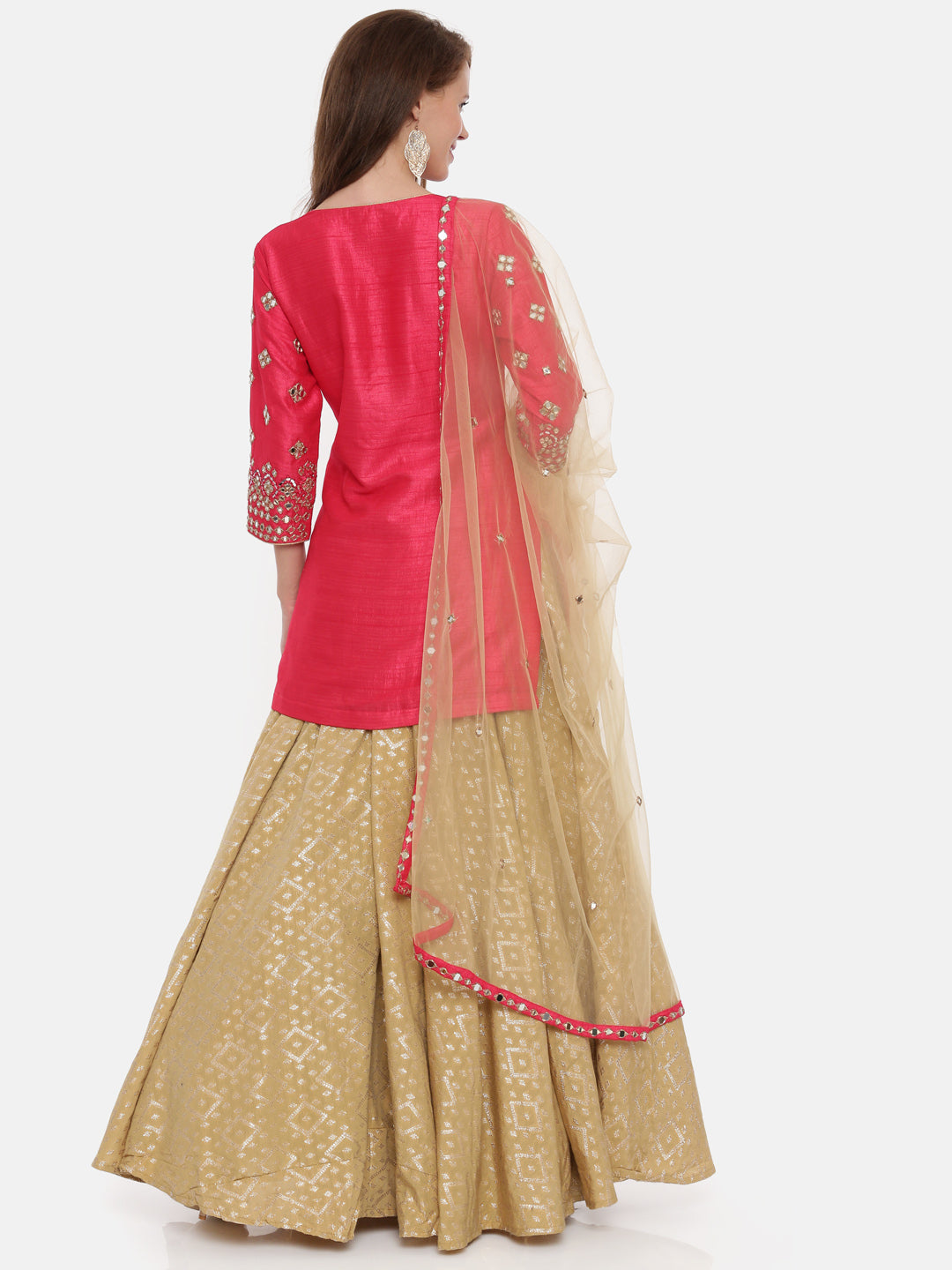 Neeru's Pink & Beige Embellished Kurta With Skirt & Dupatta