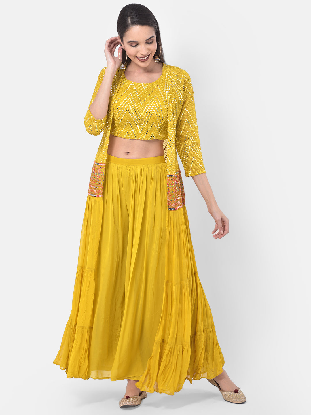 Neeru's Yellow Embellished Top & Skirt Set With Shrug