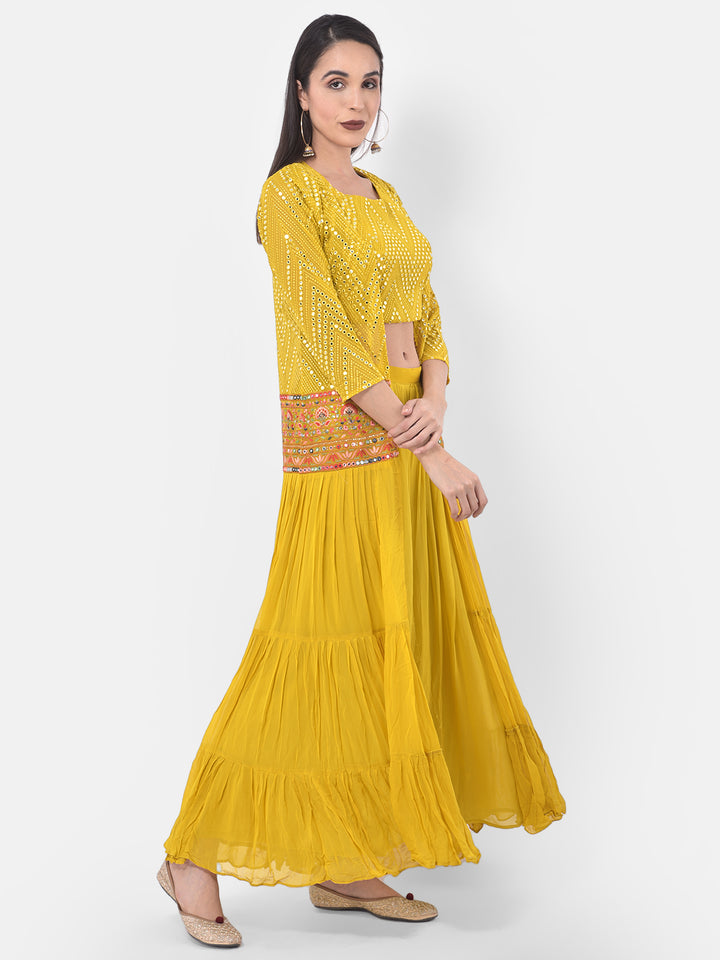 Neerus Yellow Embellished Top & Skirt Set With Shrug