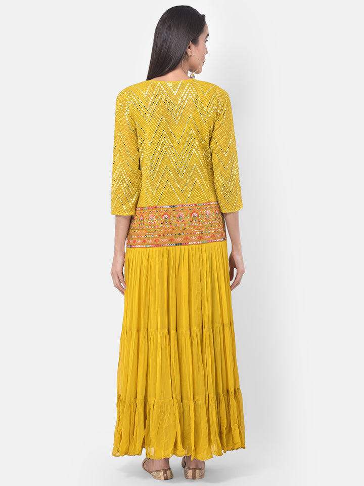 Neerus Yellow Embellished Top & Skirt Set With Shrug