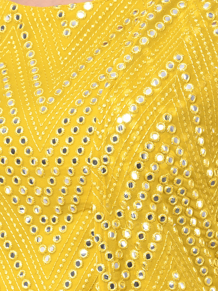 Neerus Yellow Embellished Top & Skirt Set With Shrug