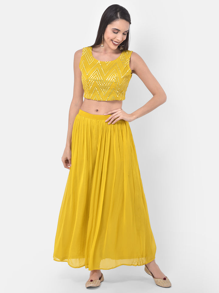 Neerus Yellow Embellished Top & Skirt Set With Shrug