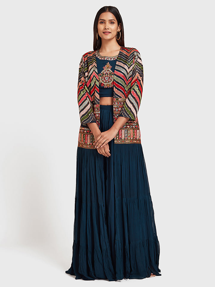 Neerus Blue embroidered co-ord set top skirt shrug - detail view 4