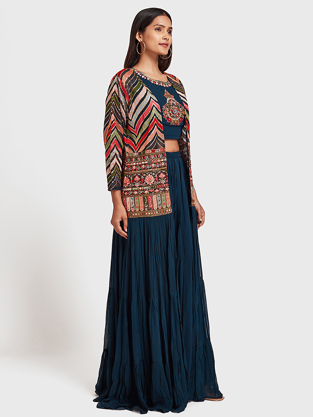 Neerus Blue embroidered co-ord set top skirt shrug - front view