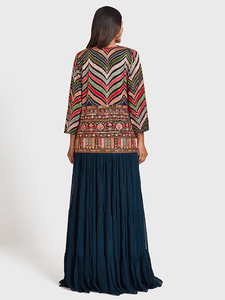Neerus Blue embroidered co-ord set top skirt shrug - back view