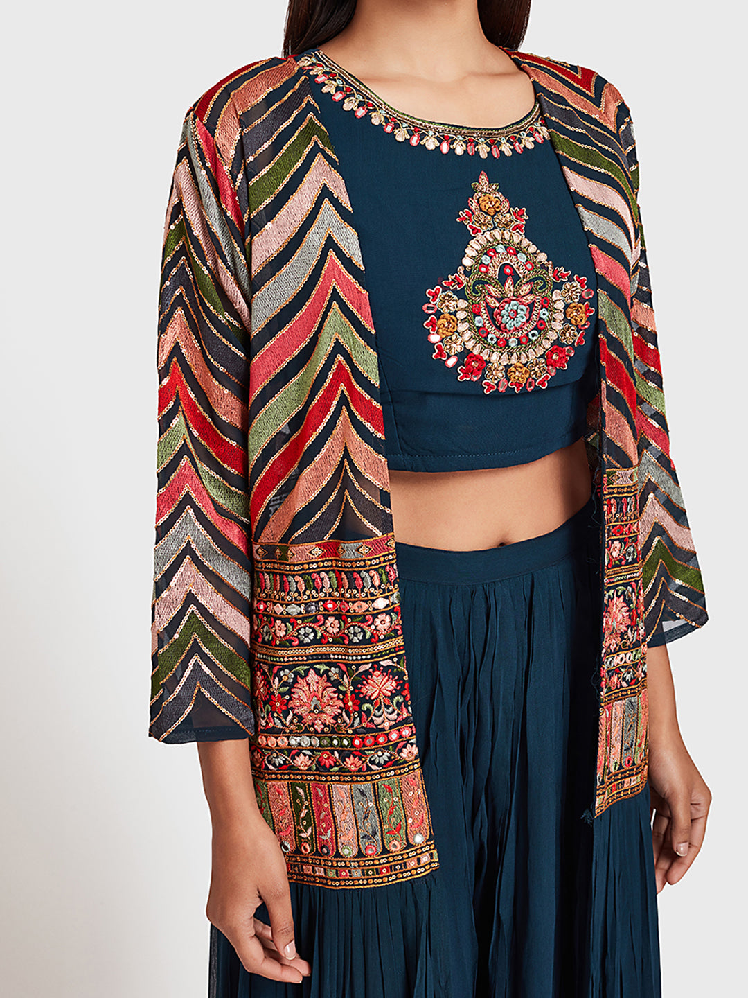 Neerus Blue embroidered co-ord set top skirt shrug - side view