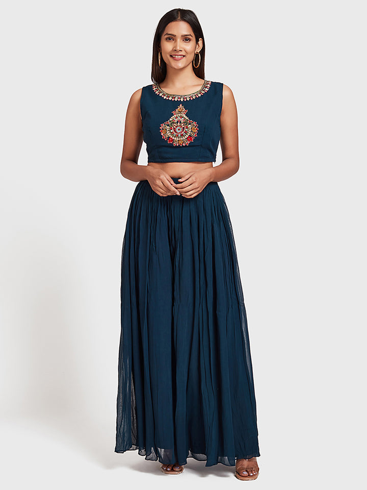 Neerus Blue embroidered co-ord set top skirt shrug - detail view 1