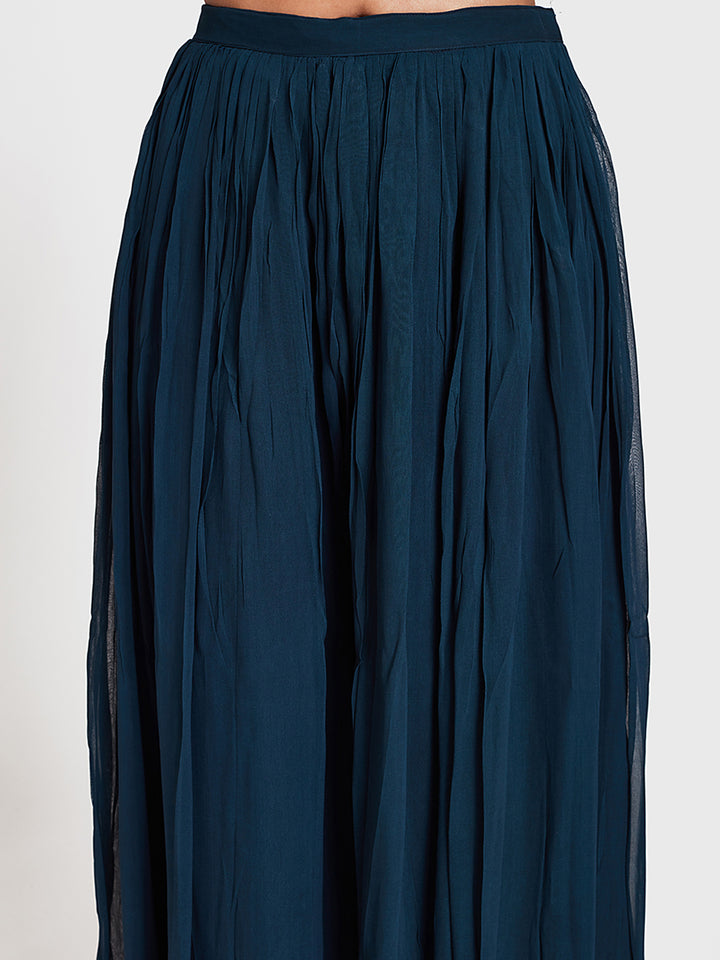 Neerus Blue embroidered co-ord set top skirt shrug - detail view 3