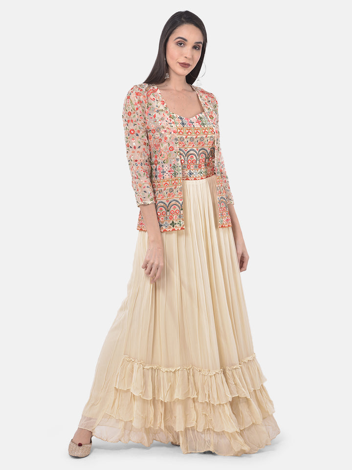 Neerus Beige Embroidered Flared Kurta With Shrug