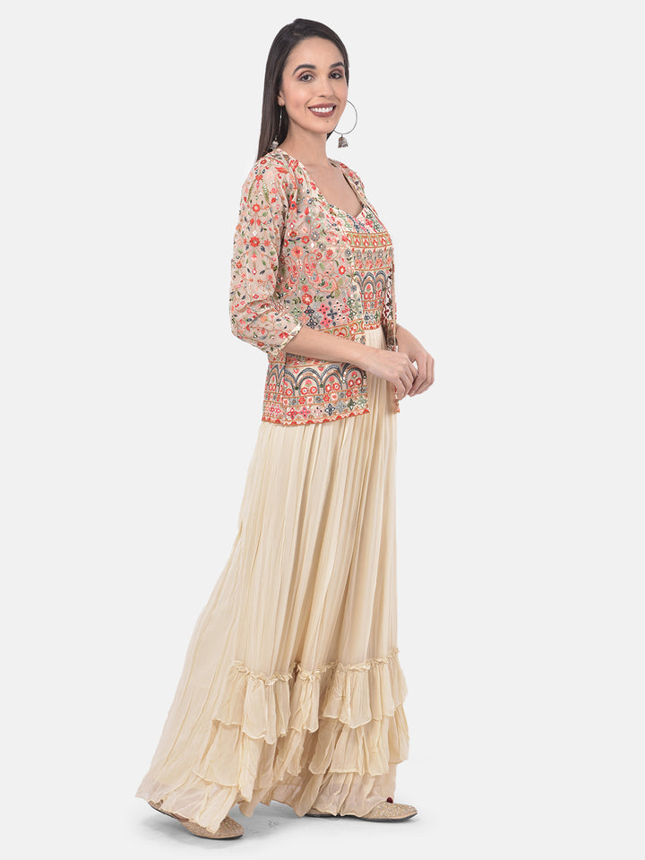 Neerus Beige Embroidered Flared Kurta With Shrug