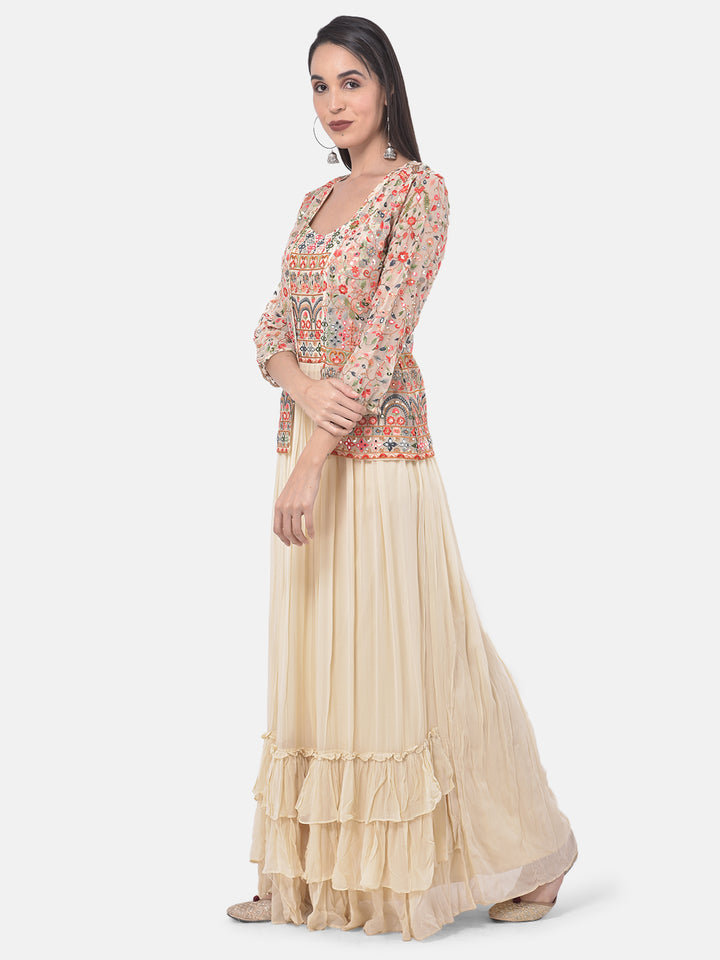 Neerus Beige Embroidered Flared Kurta With Shrug