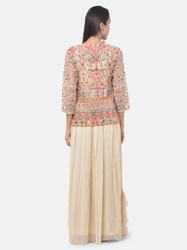 Neerus Beige Embroidered Flared Kurta With Shrug