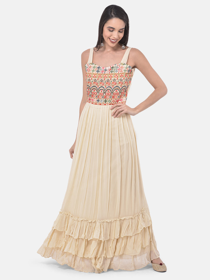 Neerus Beige Embroidered Flared Kurta With Shrug