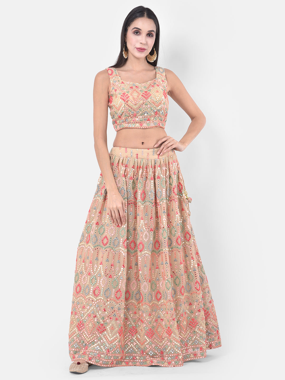 Neerus Orange embellished flared lehenga set - detail view 4