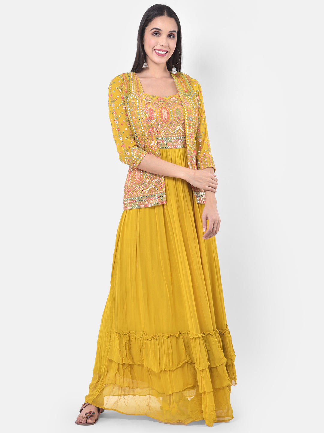 Neerus Yellow Embellished Flared Kurta With Shrug